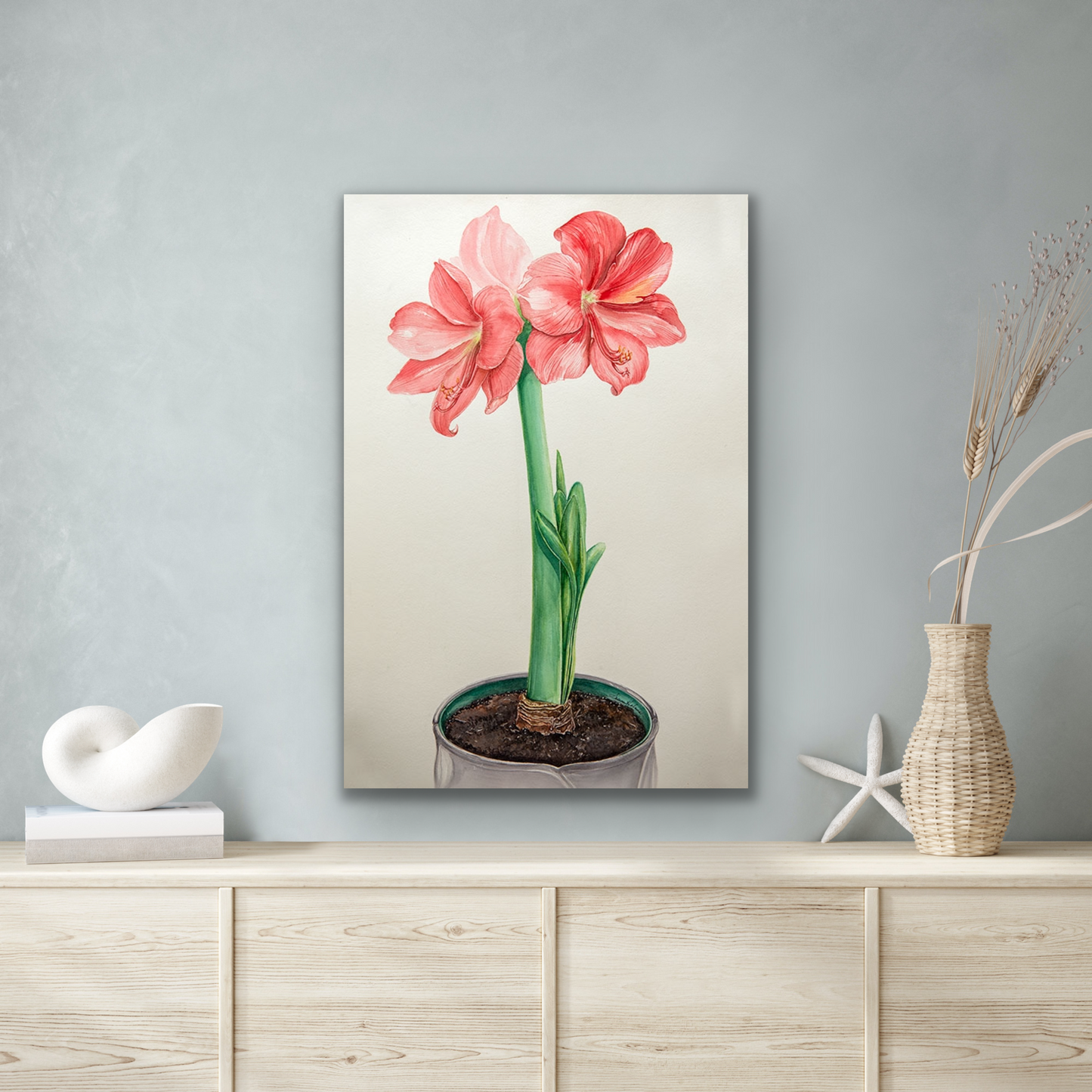 "Amaryllis Bloom" is an art piece that would look great in many rooms of your home. Consider for the kitchen, bathroom or a hallway area.