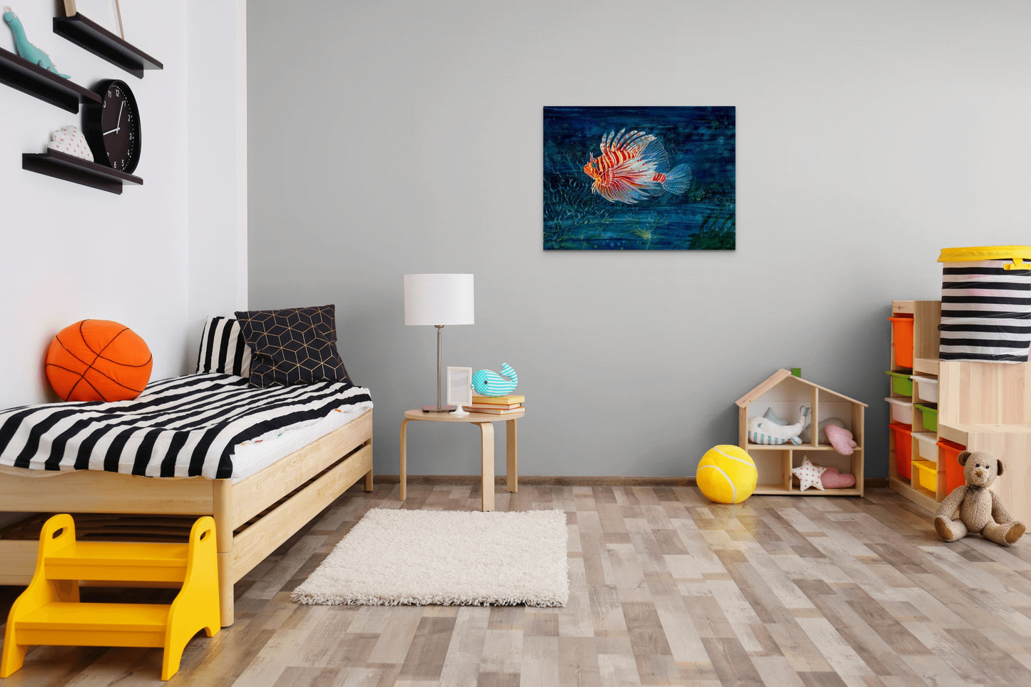 This bright and colourful watrercolour print would make a fun lively wall art for your kids playroom.