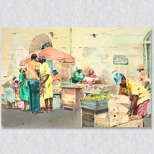 "Market and Me" watercolour artwork by Barbados artist Carlston Hamblin.