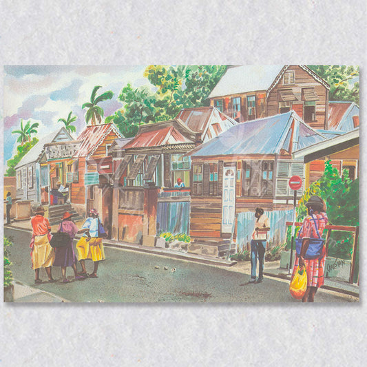 "Old City Street Bridgetown" watercolour artwork by Barbados artist Carlston Hamblin.
