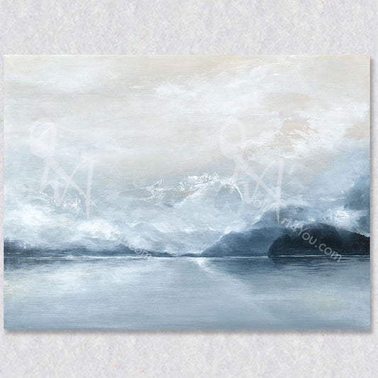 Anmore is an abstract work of art by Colette Tan. The stunning art piece depicts a misty lake and mountain off on the horizon. The setting is loosely based on views of Buntzen Lake from the village of Anmore.