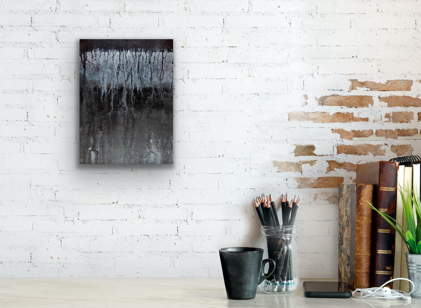 Depth by artist Colette Tan is a small piece of art at 16 h in by 12 w in. You want to place it on a small wall area where it will not be lost.