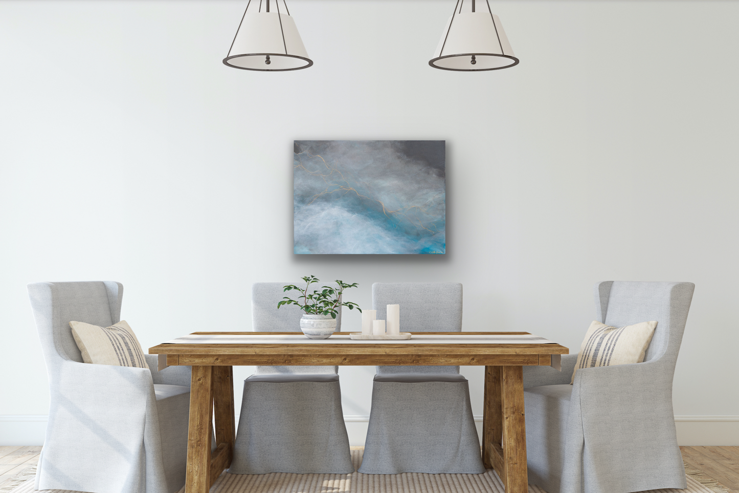 Golden Lining work of art has a colour palette including blue, white, grey and gold. Canvas prints come in three sizes to fit your wall perfectly.