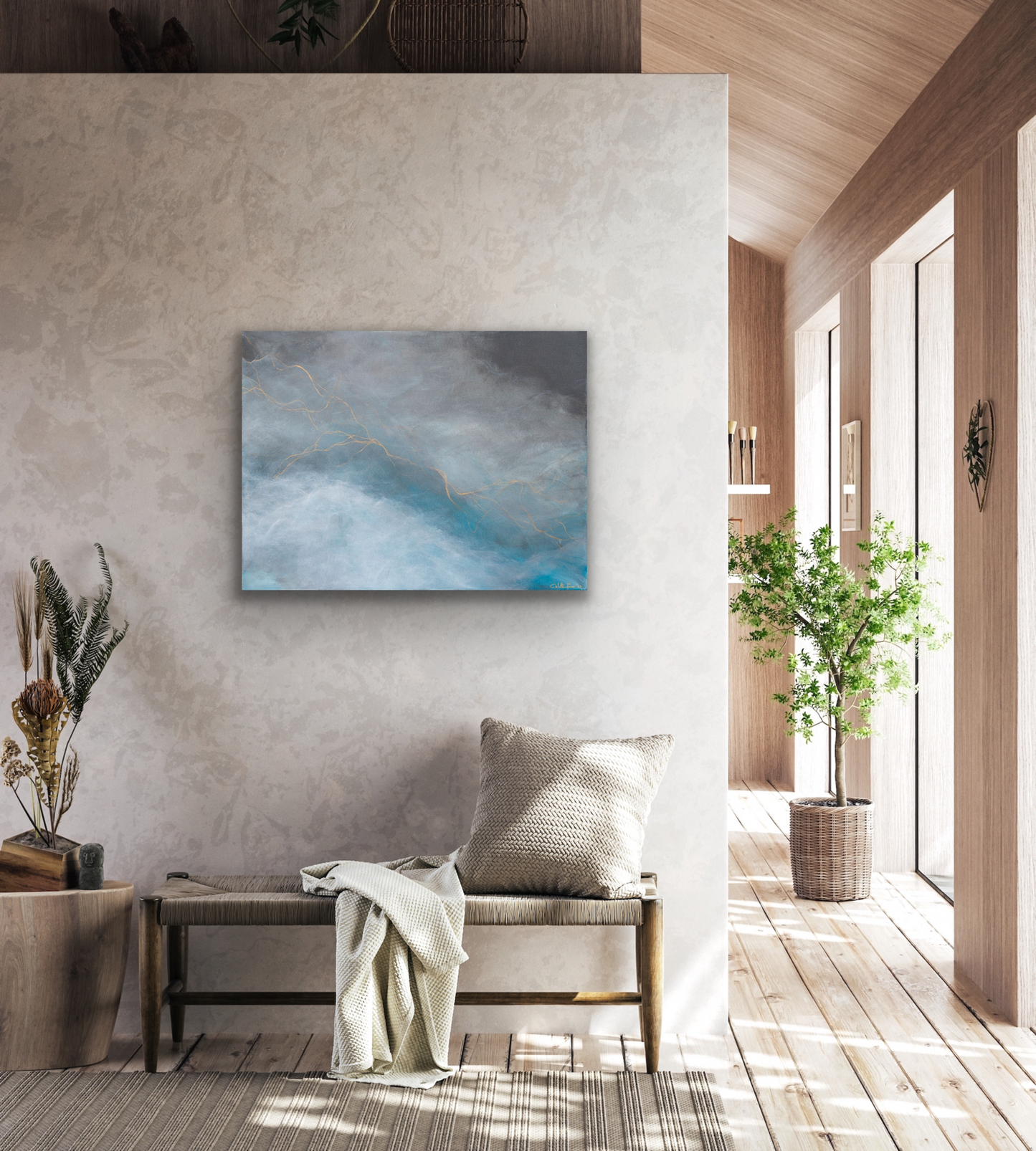 This abstract art piece will compliment many rooms of your home including the living room, dining room, hallway or bedroom.