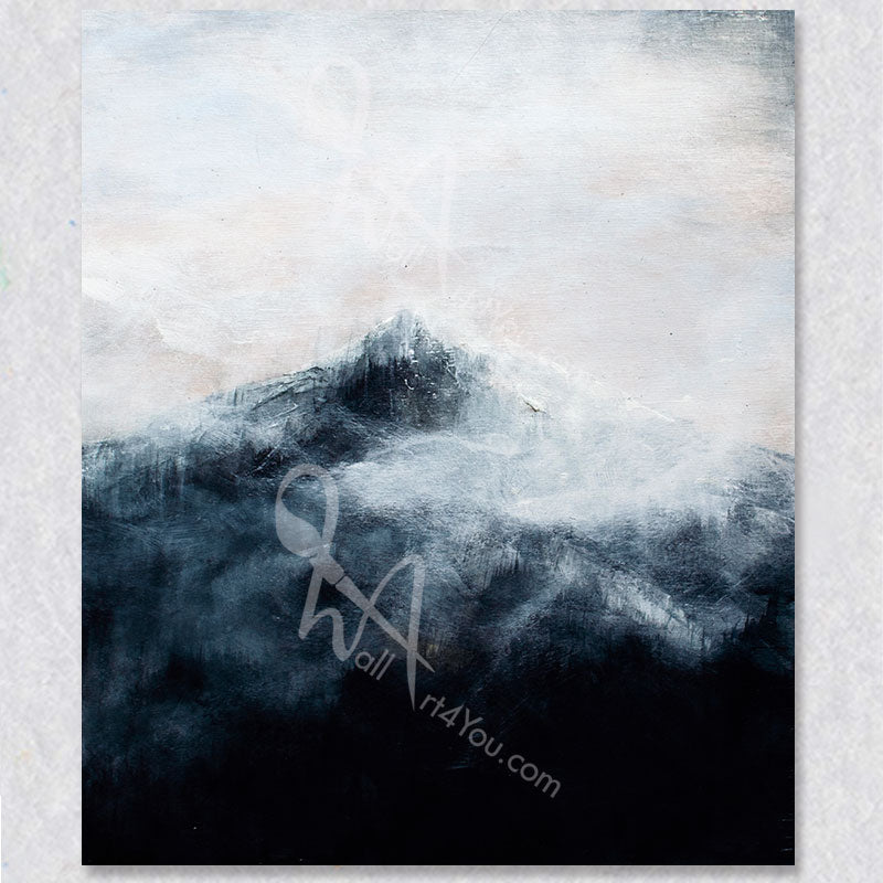 Misty Mountain wall art was created by Canadian artist Colette Tan. The art works colour palette includes white, blue and hints of yellow.