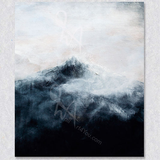 Misty Mountain wall art was created by Canadian artist Colette Tan. The art works colour palette includes white, blue and hints of yellow.