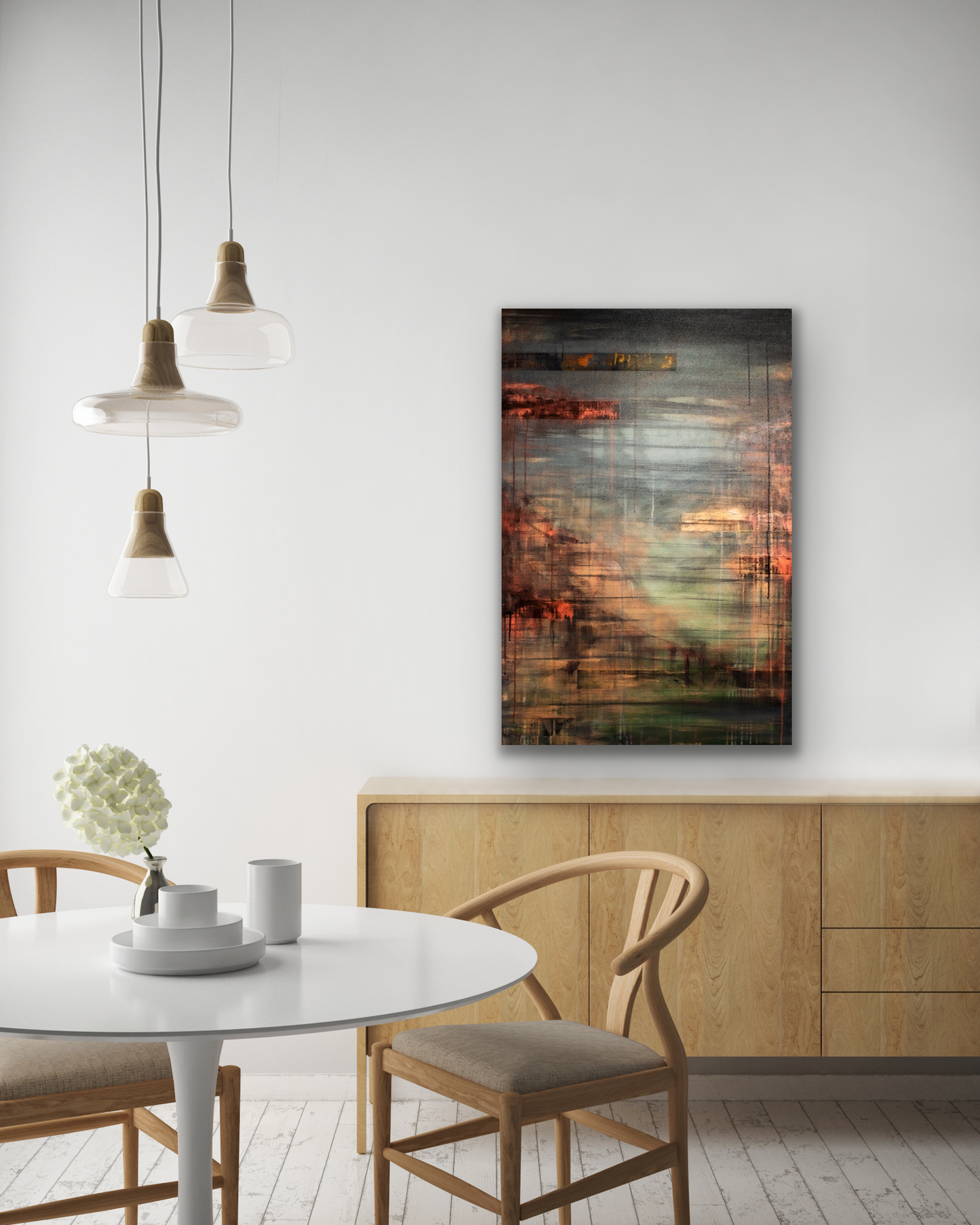 This abstract work of art has a diverse colour palette including orange, green, yellow and brown. The canvas print comes in three sizes to fit your wall perfectly.