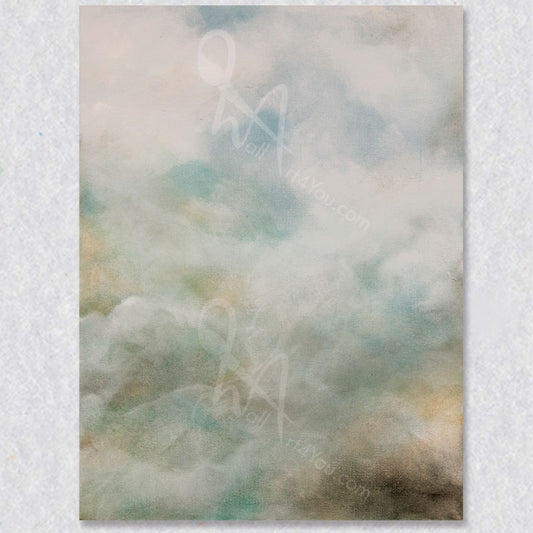 Moody Cloud abstract wall art by Collette Tan is a work of art with a colour palette that includes blue, white, green and yellow.