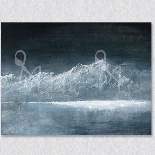 The Secret Place painting by Colette Tan depicts the Canadian Rockies with all their glory. A freezing winter scene with snow and ice.