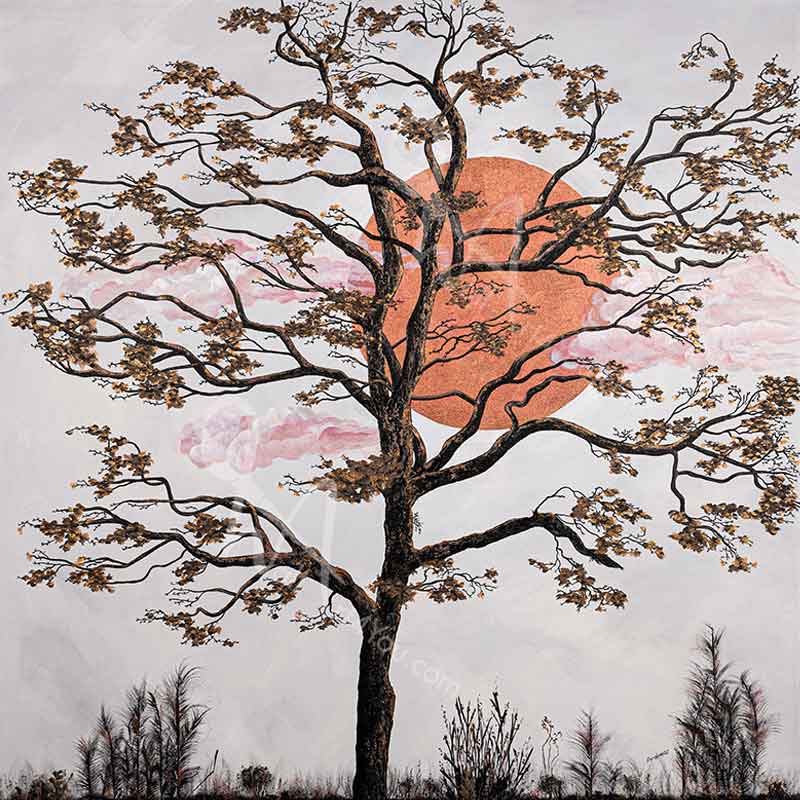 "Rarity" original painting captures a rare copper sun behind a tree filled with autumn leaves. This stunning piece was created by Kelowna artist Carolynn Ashley.