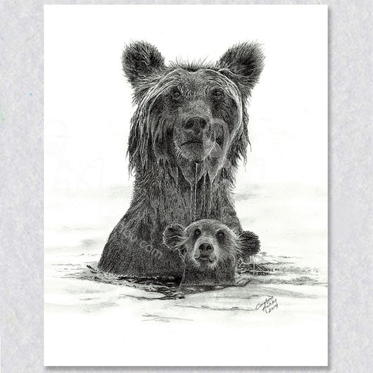 "Love" is a stunning wall art piece depicting a mother bear and her cub playing in the water.