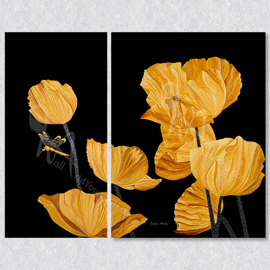 "Delightful" diptych wall art by Carolynn Ashley. This work of art features bright wild poppies on a contrasting black background.