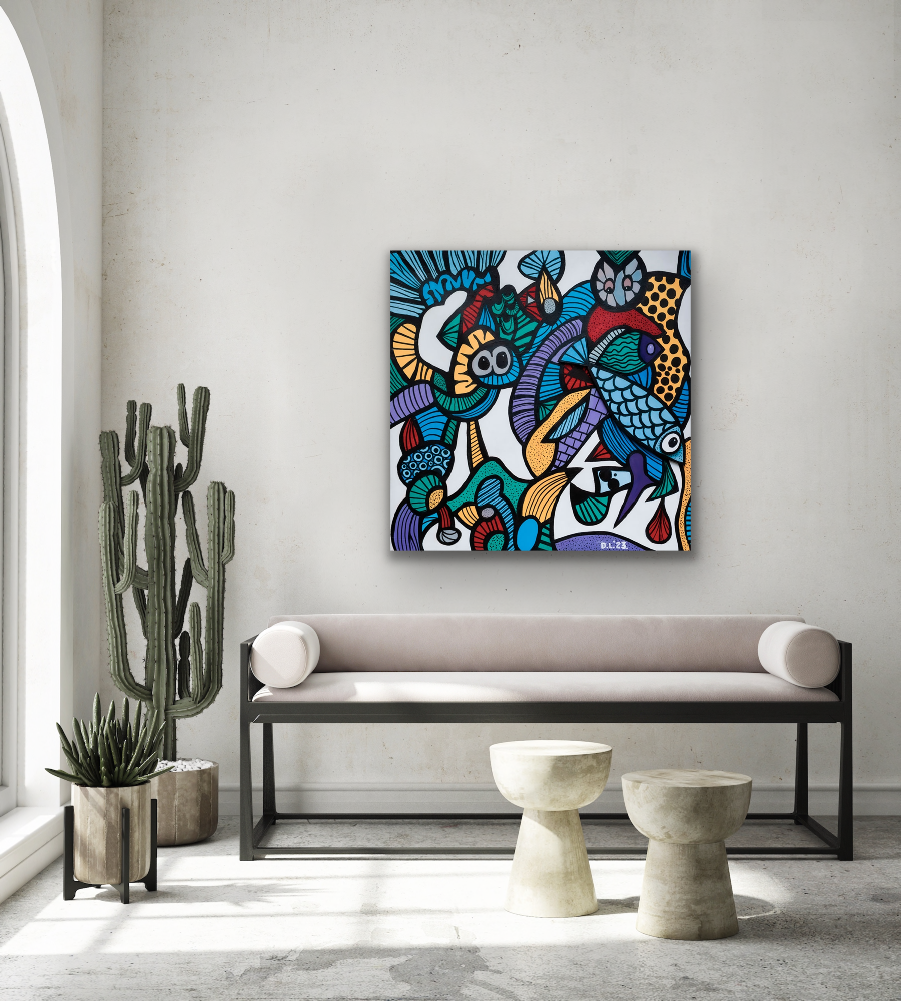 "Blue Fish Deep" artwork is a fun ocean cartoon like scene.