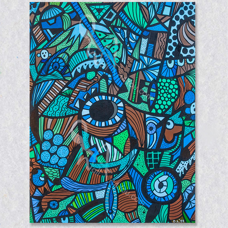 "Eye in the Pie" wall art is a lively cartoon doodle painting by David Laird.