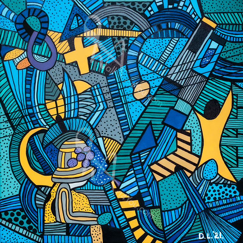 "Her Majesty" wall art is a colourful cartoon doodle style by David Laird.