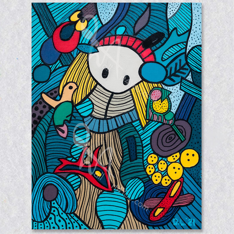 "Little Red Riding Hood" wall art by David Laird shows a cartoon Red Riding Hood on a new adventure.