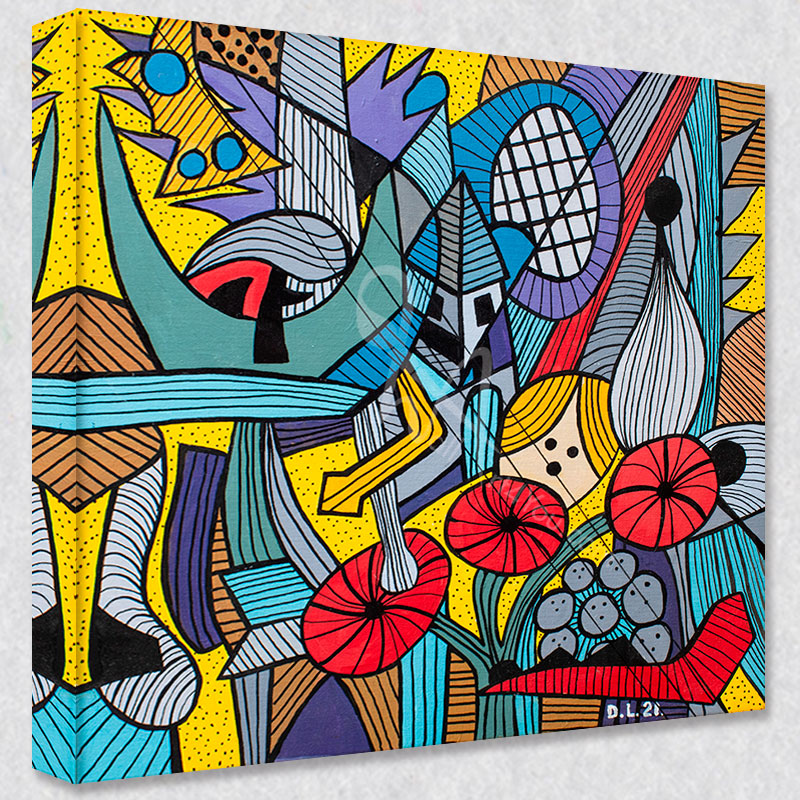 "Rosies Octets" comes as a gallery wrapped canvas print with a rich 1.5 inch thick wood frame. We use a moisture resistant poly-cotton canvas that will not sag and high quality inks that will last over 100 years.