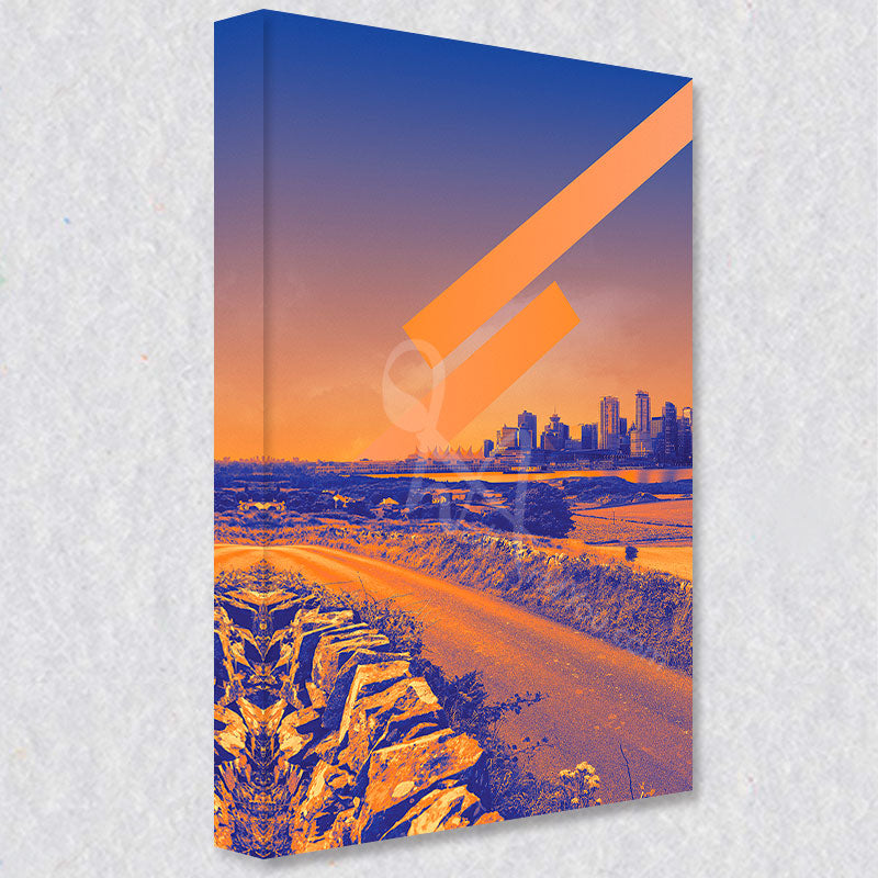 "Country Road Downtown" comes as a gallery wrapped canvas print with a rich 1.5 inch thick wood frame. We use a moisture resistant poly-cotton canvas that will not sag and high quality inks that will last over 100 years.