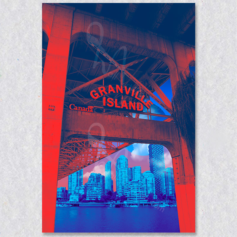 Granville Island wall art by Eddie Burke comes in two colour variations. Red/Blue and Green/Yellow.