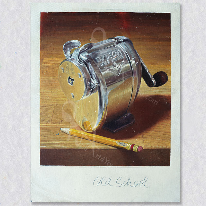 "Old School" wall art is a hyperrealism art piece by artist Mark McDermott. The original work is an actual painting that is so detailed it looks like a photograph.