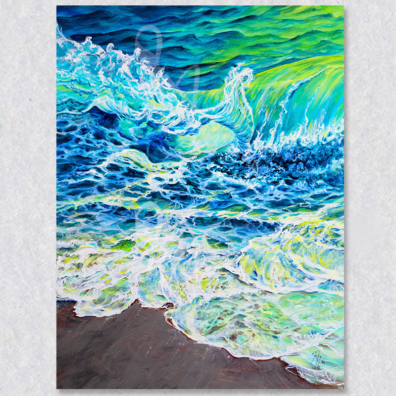 "Beach Action" wall art captures the gentle movement of the surf moving into a sandy beach. Bright back lit greens and blues in colour palette.