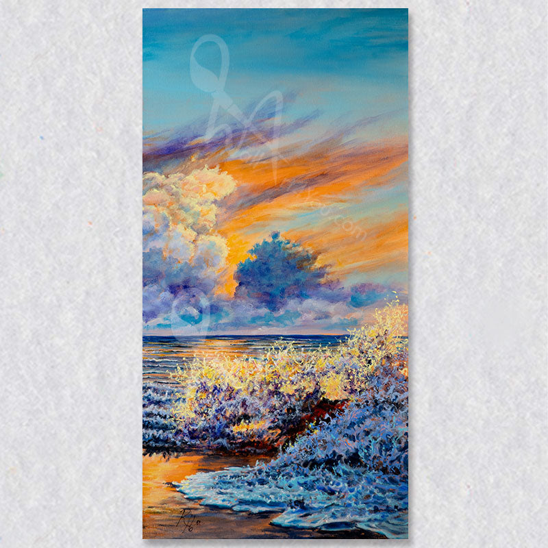 "Coming and Going" wall art depicts waves crashing on a beach with interesting cloud formations.