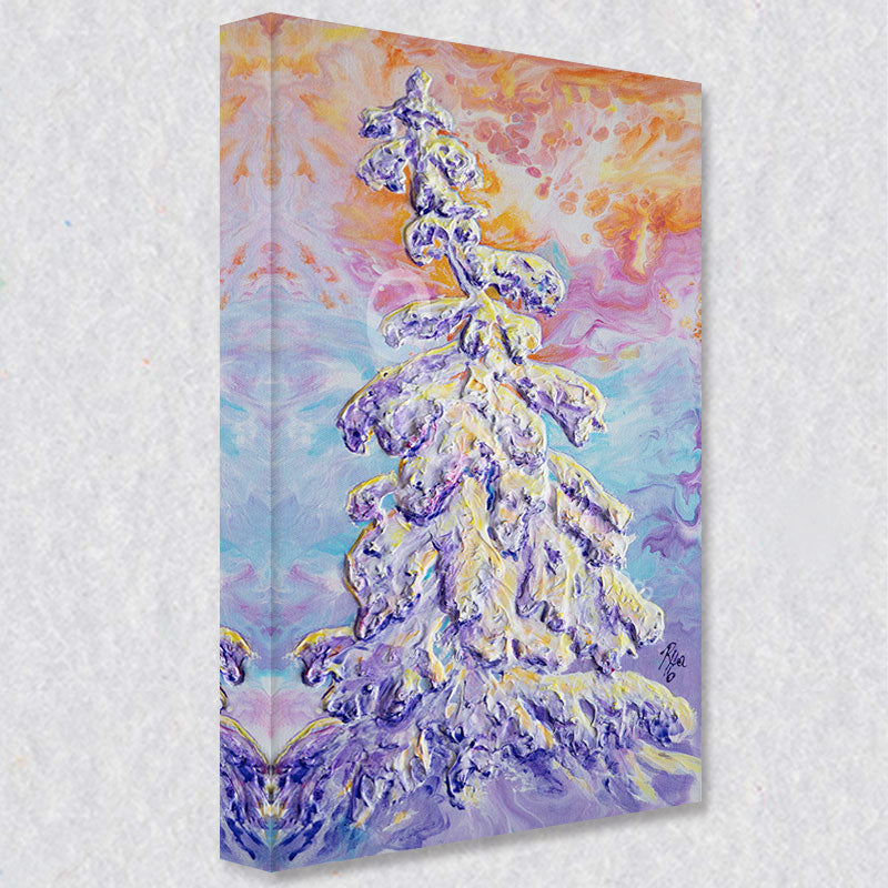 "Encased" comes as a gallery wrapped canvas print with a rich 1.5 inch thick wood frame. We use a moisture resistant poly-cotton canvas that will not sag and high quality inks that will last over 100 years.