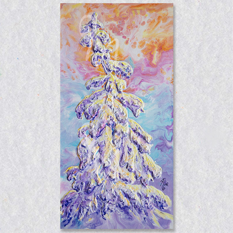 "Encased" wall art captures a heavy snow covered tree with an orange sky.
