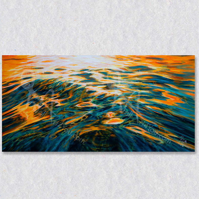 "Evening Fire" wall art captures the evening lights hitting the waves in an ever changing masterpiece of light and movement.