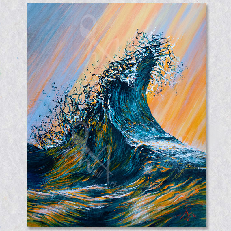 "Glitter" wall art captures two ocean waves crashing together. Birght and dark blues with orange hightlights.