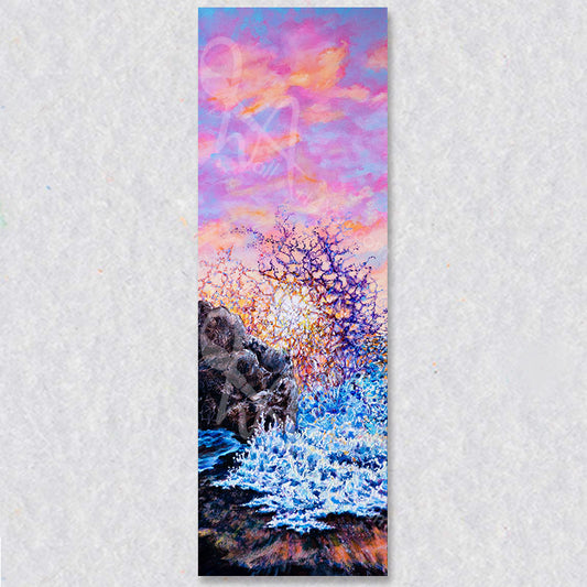 "Good Morning Sunshine" wall art is a depiction of a West Coast scene of wild waves crashing against the shore.