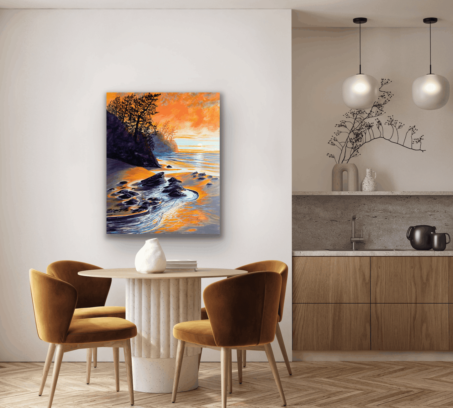 This bright blue and orange art