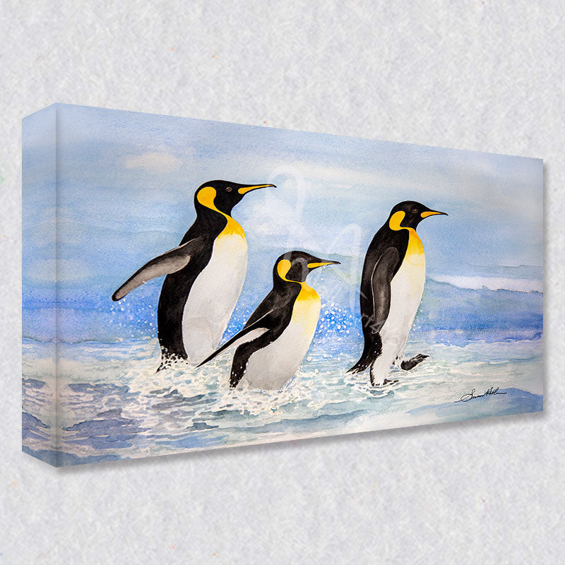 "Splashing away" comes as a gallery wrapped canvas print with a rich 1.5 inch thick wood frame. We use a moisture resistant poly-cotton canvas that will not sag and high quality inks that will last over 100 years.