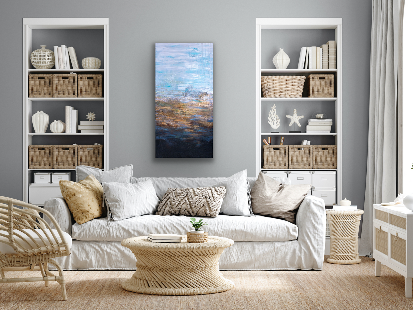Tiffany Reid's Golden Hour is a large painting 60 in height by 30 in width. The colour palette of different blues, gold, brown and black allows the painting to work with many different décor styles and colours.