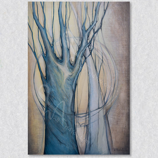 Beyond Time wall art depicts the vital communications between trees, highlighting the delicate interconnections of life. The artist has abstractly captured the interconnectivity of trees, with subtle hues to create a sense of harmony and balance.