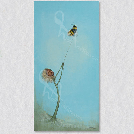 The flower holding onto the bee represents the reliance on the bee to pollinate, and the bee’s threat of not returning due to survival challenges with endangerment. The delicate balance between flowers and bees and all entities in the ecosystem is portrayed in this painting, with a powerful sense of compassion. The fragility, vulnerability, and the beauty of this interplay in nature is revealed with a positive and cheerful outlook in this whimsical painting.