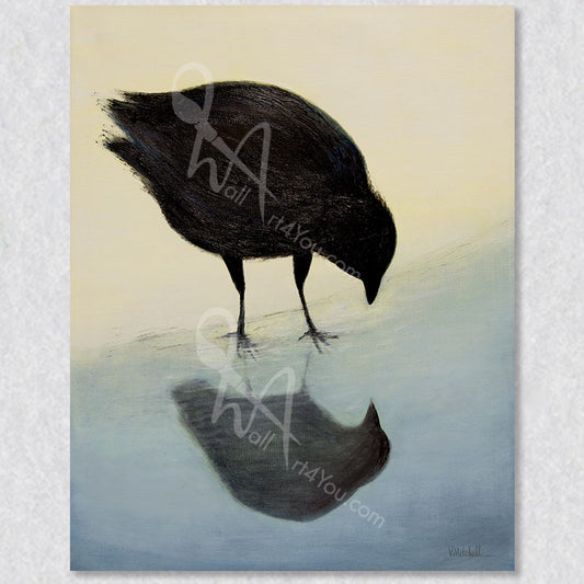 The the crow is lost in quiet contemplation, and calm curiosity as it ponders it’s own being. This painting invites the viewer to share in this moment of reflection, encouraging us to consider our own place in the world and the beauty that can be found in simple moments of presence.