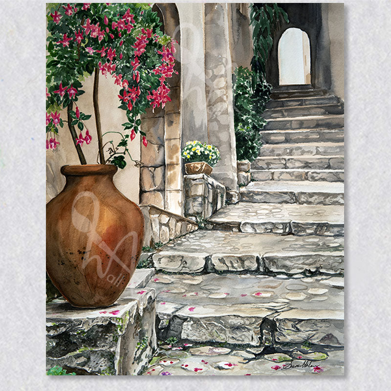 Planter by the Stairs is an original watercolour by Canadian artist Susan Holmes. This water colour painting would make a stunning addition to your home.