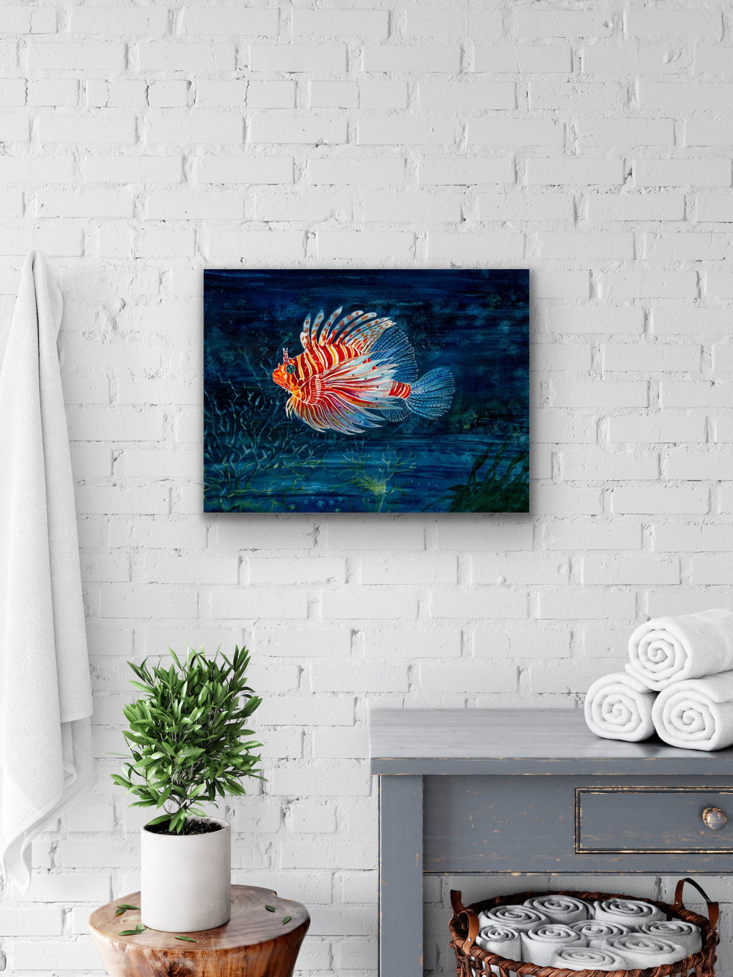 Susan Holmes "Red Lionfish" watercolour print is available as a giclee canvas print or as a fine art print.