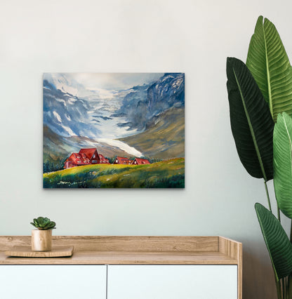 Red Chalets amidst Glaciers is a watercolour painting created by Susan Holmes after she visited the Columbia Ice Fields in Rocky Mountains.