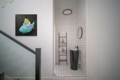 "Cat Drivin a Fish' is a fun piece that woiuld look great in a hallway, kitchen or bathroom.  It will definitely invite comments from any new guests to your home.