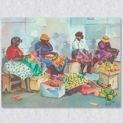 "Market Scene Barbados" watercolour artwork by Carlston Hamblin.