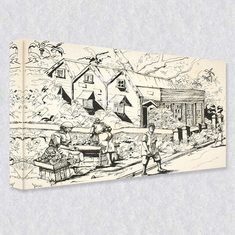 This charming ink drawing of caribbean life is available as a canvas print in four different sizes.  Also available as fine art print.