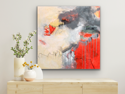 "Chaos Thinking" work of art is an abstract piece with greys, whites, yellows and a vivid red.