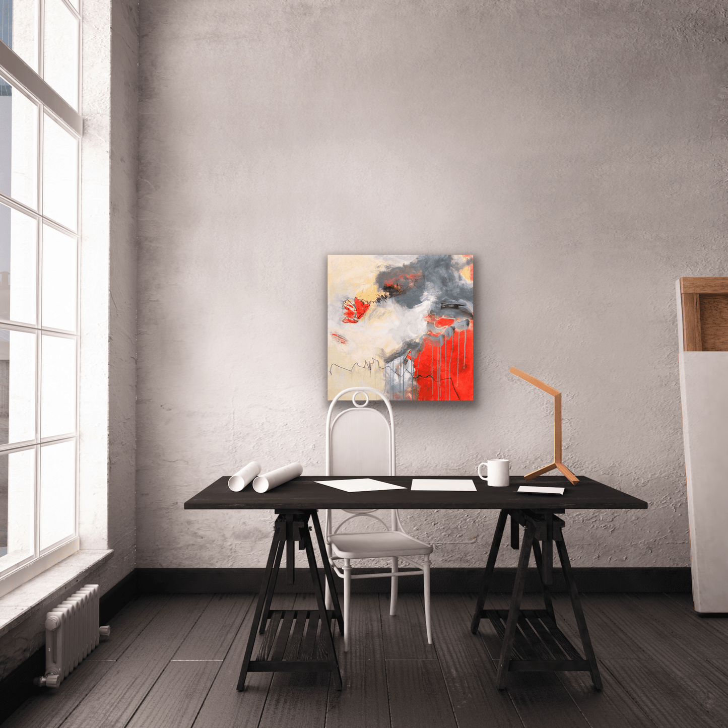 This work of art with it abstract composition and lively colour shoul dbe placed in a room where you want to make a statement.