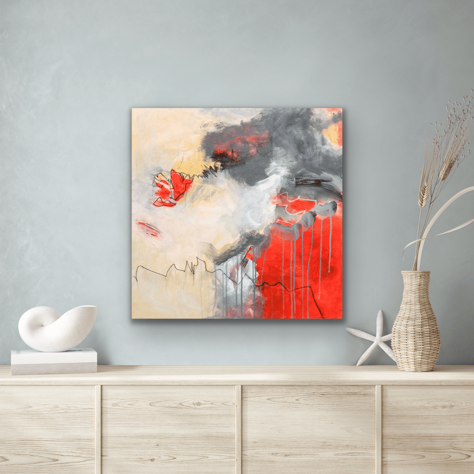 "Chaos Thinking" original artwork has a colour palette that includes a bright orange red, yellows and greys.