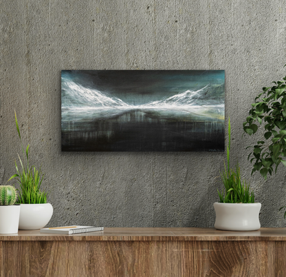 "Edith" is an abstract acrylic painting of a wintery mountain and lake scene.