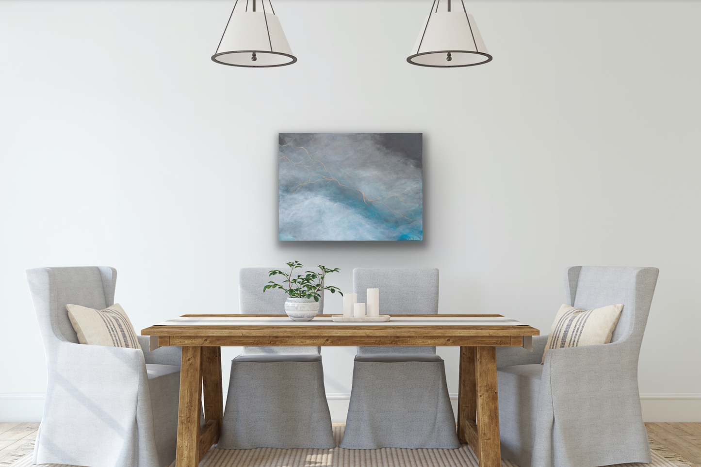 Golden Lining work of art has a colour palette including blue, white, grey and gold.  Canvas prints come in three sizes to fit your wall perfectly.
