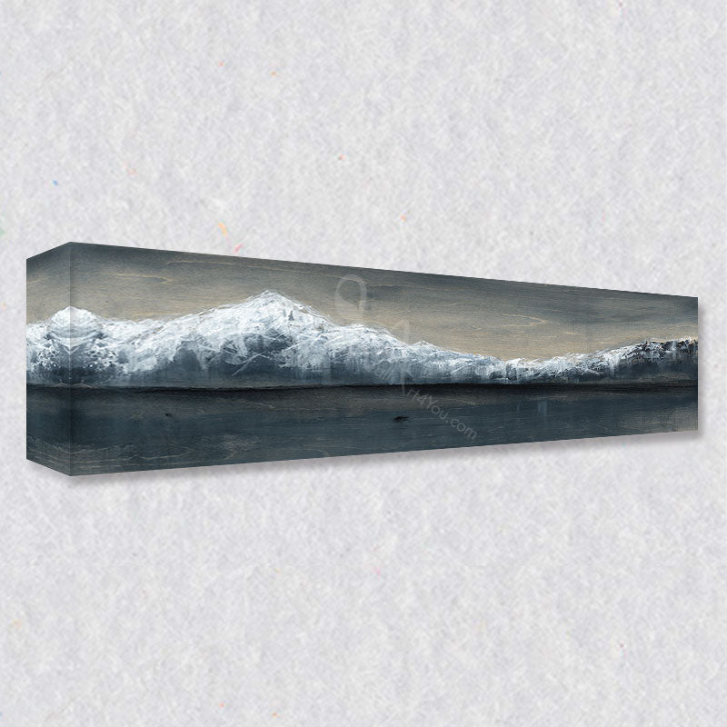 "Snow Capped Mountains" comes as a gallery wrapped canvas print with a rich 1.5 inch thick wood frame. We use a moisture resistant poly-cotton canvas that will not sag and high quality inks that will last over 100 years.