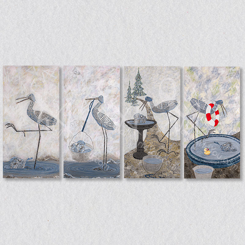 This set of four paintings follows the unlikely adventures of a Heron and a Blow Fish called Squeak and Bubble. These original works are by Kelowna artist Carolynn Ashley.